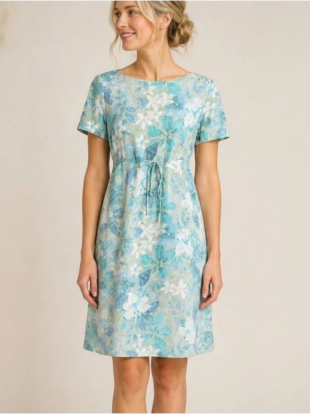 Vintage 90s Maggy London 100% Silk Floral Print Dress Size 6 Blue Tie Waist